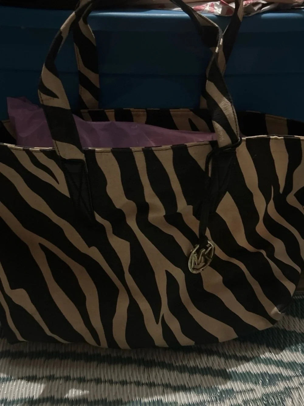 Michael Kors Black and Beige Zebra-Print Tote Bag 12 deep 21 1/2 wide